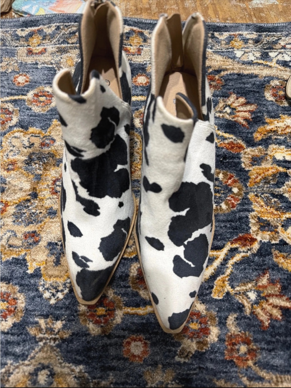 Cow-Print Pointed Ankle Booties in Black & White
